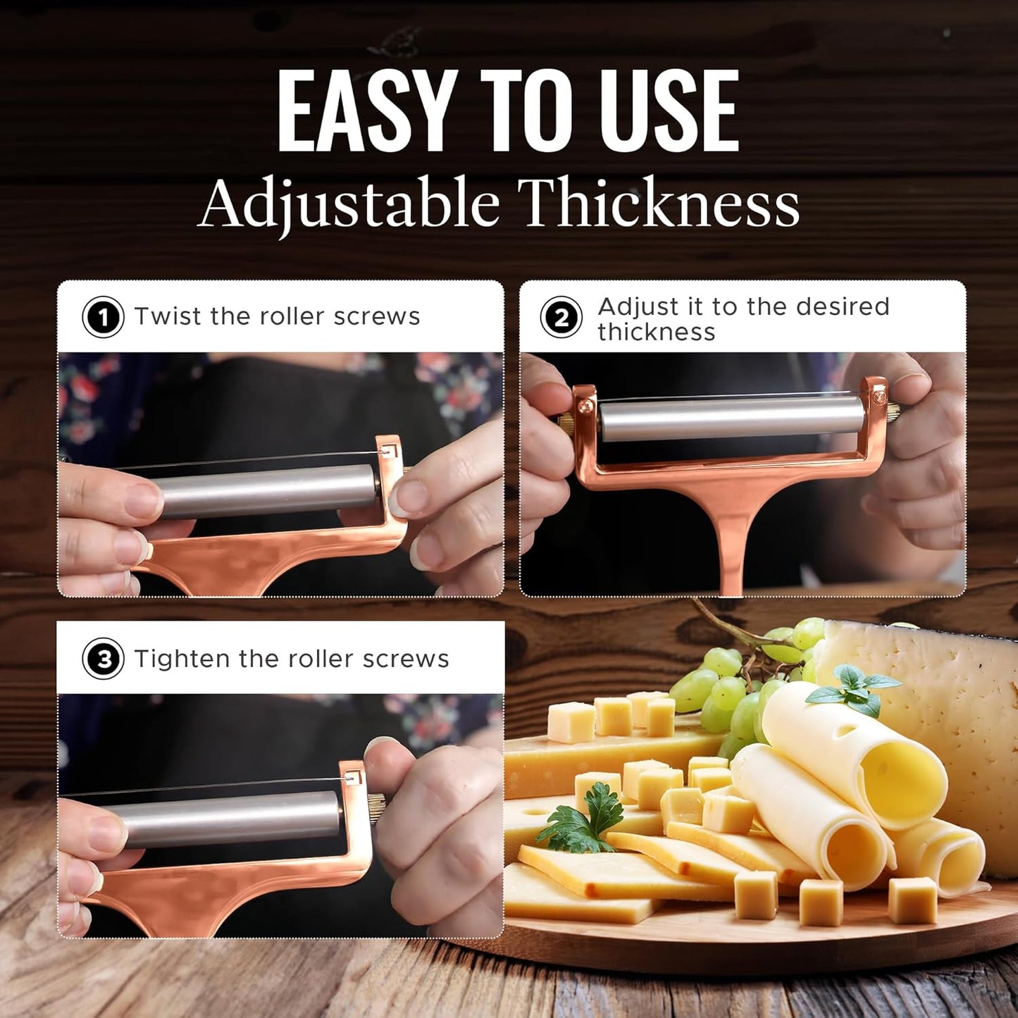 Zulay Adjustable Cheese Slicer - Wire Slicer for Mozzarella, Cheddar, Gouda - Heavy Duty With 2 Extra Wires (Rose Gold)