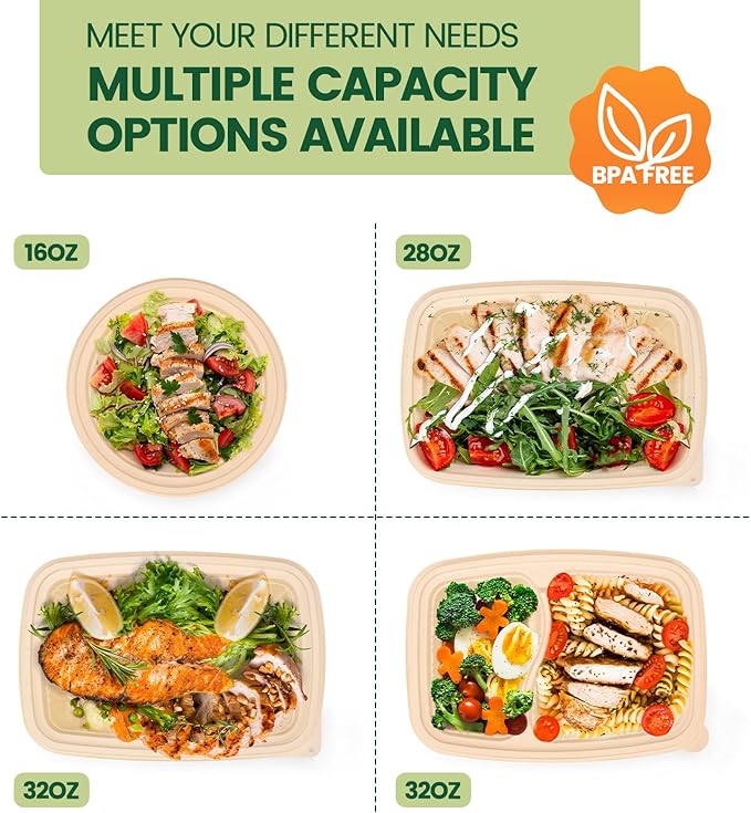 100 Piece (50 Pack) Meal Prep Containers Reusable - 2 Compartment 32 oz Cornstarch Snack Containers with Lids - Plastic Food Storage Salad Containers - To Go Lunch Box - Microwave & Freezer Safe