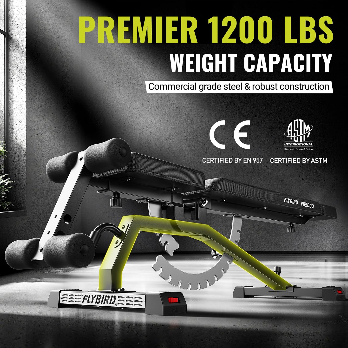 FLYBIRD Strength Training Bench for Home Gym, Vertical Storage Space-Saving Workout Bench, 1200lbs Capacity Adjustable Weight Bench with Detachable Headrest and Leg Support