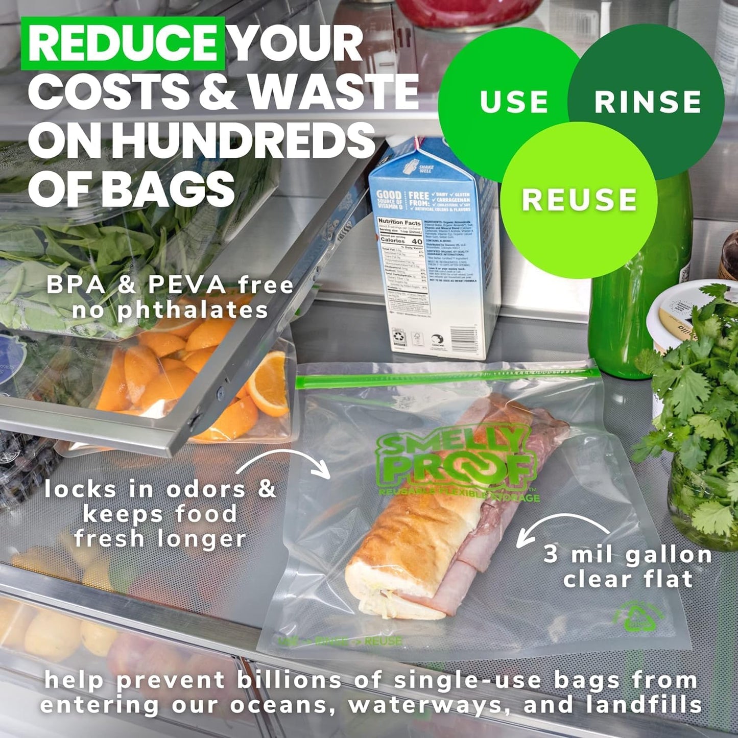 50pk Smelly Proof Reusable Food Storage Bags - Made in USA, Dishwasher-Safe, BPA FREE, NO PEVA, XL Clear FLAT 10.5" x 12"
