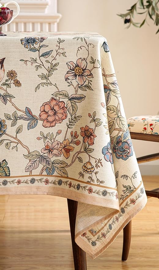 ISAENNE Designer French Light Beige Tablecloth Rectangular,Linen Florals and Birds Pattern Table Cloth,Anti-Wrinkle Decorative Tablecloths for Dining Thanksgiving Kitchen,55"*87"-Cornucopia