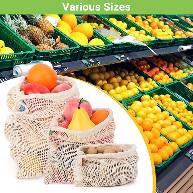 Pack of 12 Reusable Grocery Bags, 3 Sizes (4xS+4xM+4xL) Reusable Shopping Bags Heavy Duty Cotton Bags Mesh Bags for Vegetables, Enhanced Closure Edge, Double Stitched, with Tare Weight