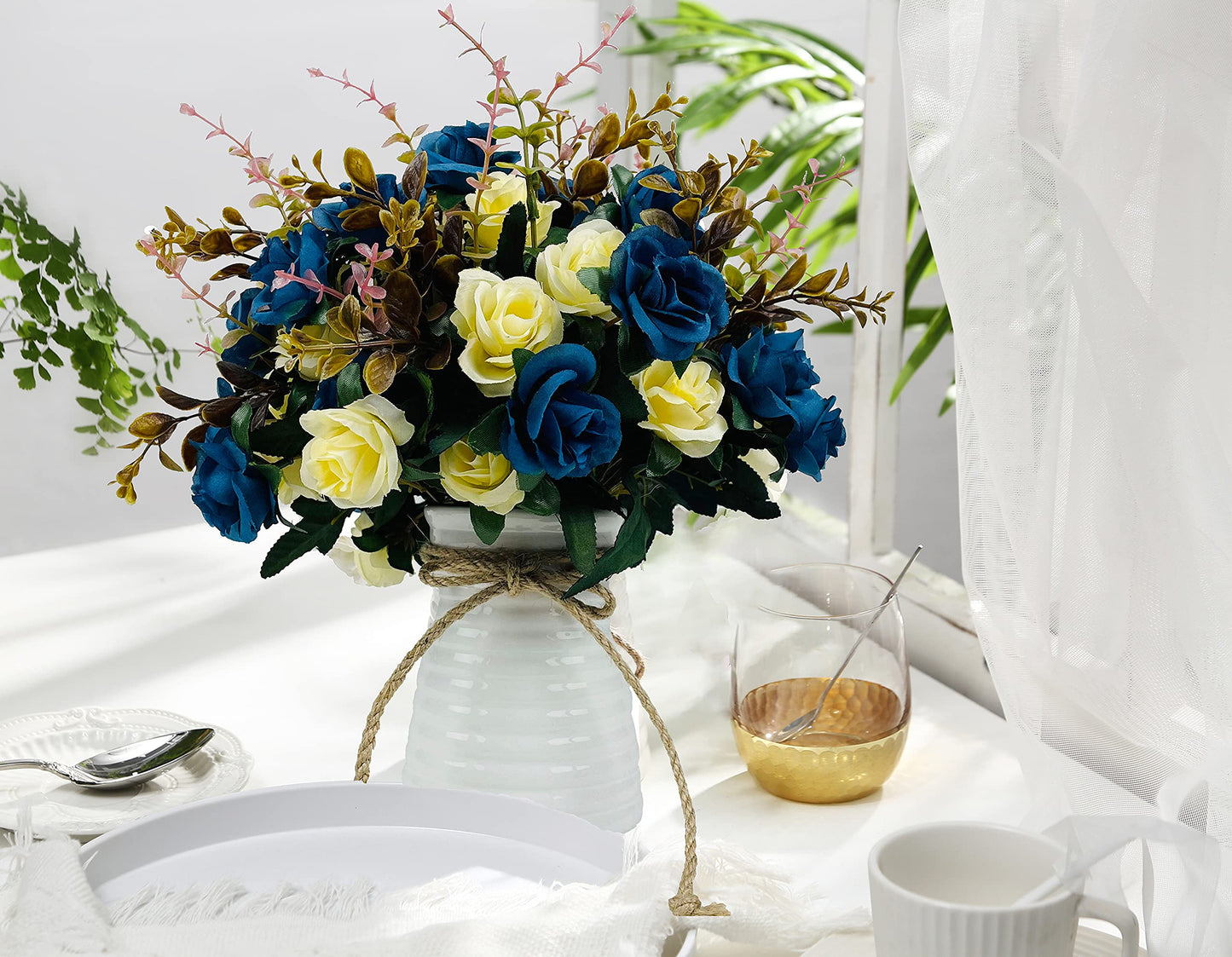 NAWEIDA Artificial Flowers with Vase Faux Flower Arrangements for Table Decor Table Centerpieces for Dining Room-Navy Blue