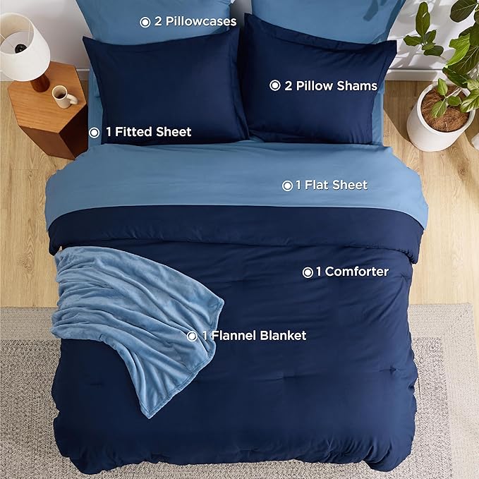 Bedsure King Comforter Set Navy Blue, 8 Pieces Prewashed King Size Bed in a Bag with Soft Fleece Bed Blanket, Down Alternative Bedding Set for All Seasons, Sheets, Pillowcases & Shams