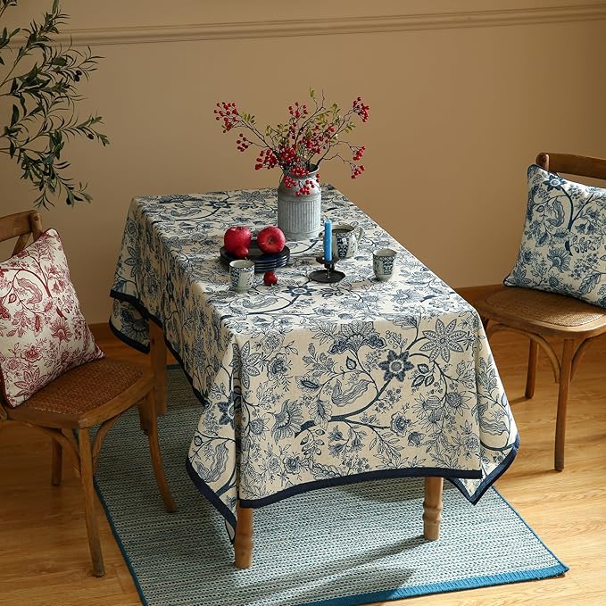 ISAENNE Designer French Linen Table Cloth for Rectangle Table,Blue Floral Washable Indoor Tablecloth,Durable Home Decor Tablecloths for Dining Thanksgiving Kitchen Party Christmas,55"*79"-Ruyi B