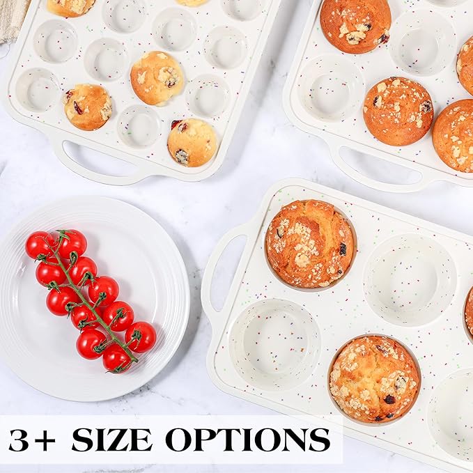 silicone muffin pan for baking with metal frame (Cream, Regular:12-Cup x 2 Pcs)