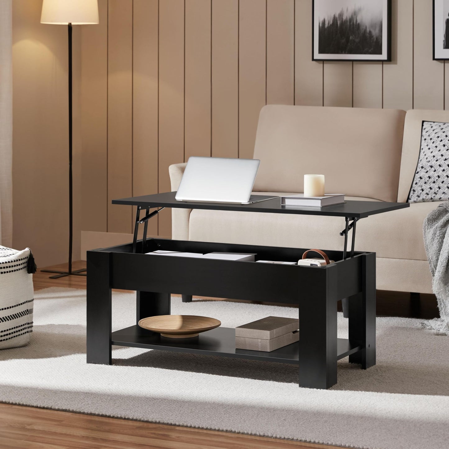 Yaheetech Wooden Coffee Table, Lift Top Coffee Table with Large Hidden Storage Shelf, Lift Tabletop Dining Tables for Living Room, Home Small Space, 38.6in, Black