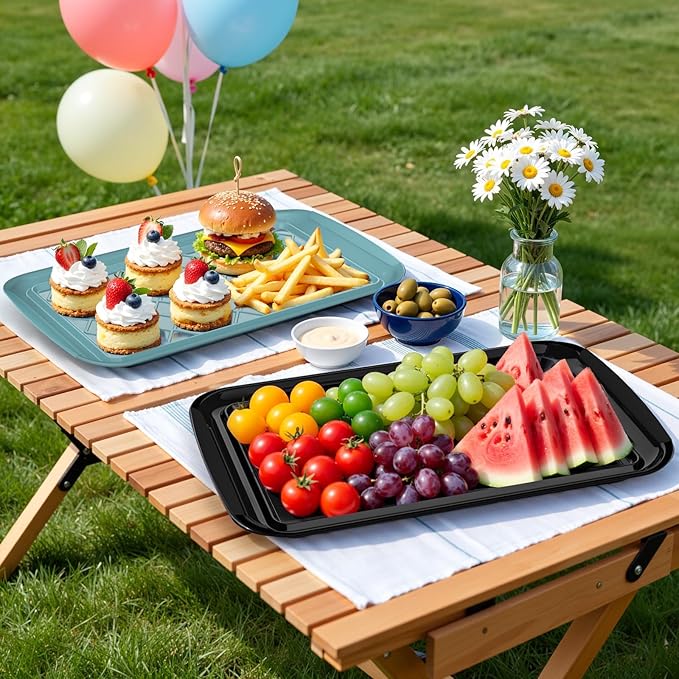 Serving Trays for Party - Set of 6, Large Serving Platters for Raw and Cooked Food, Dishwasher Safe, 17×10.5-inch Stackable Plastic Party Supplies for Grilling, BBQ, Meal Prep (Green, Black)