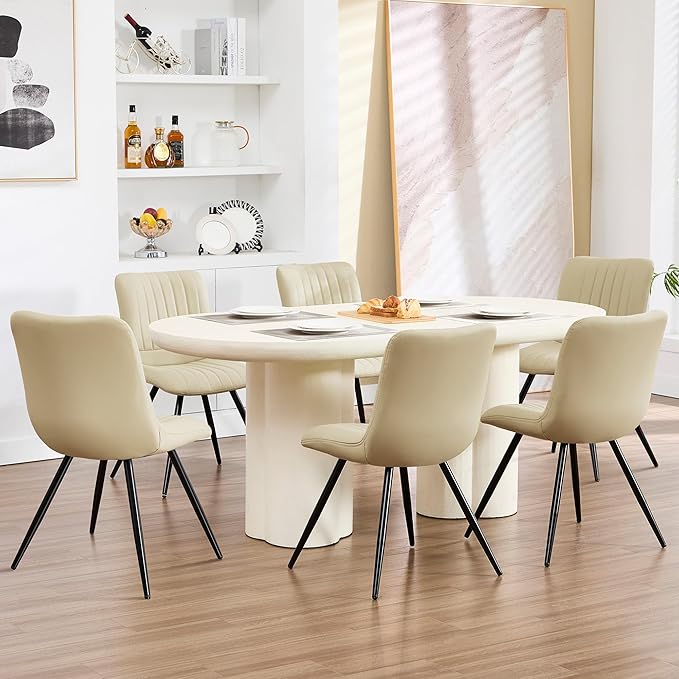 Dining Chairs Set of 2, Modern Dining Chairs with Thick Cushions, PU Leather Upholstered Kitchen Dining Room Chairs with Metal Legs for Dining Living Room (Khaki)