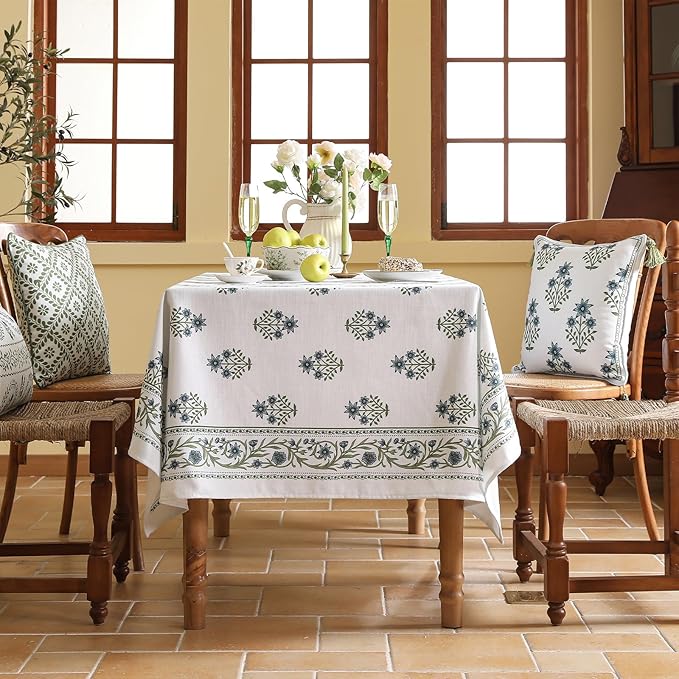 ISAENNE Designer White Linen Long Tablecloth Rectangle,Chinoiserie Floral Elegant Indoor Table Cloth,Fall Stain Proof Decor Tablecloths for Dining Thanksgiving Kitchen,63"*102"-Mosella F