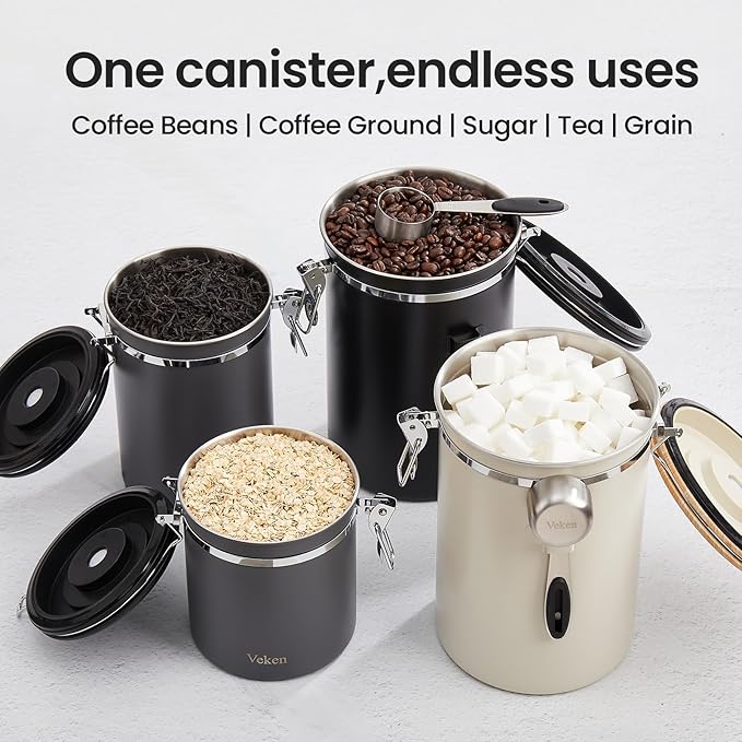Veken Coffee Canister, Airtight Stainless Steel Kitchen Food Storage Container with Date Tracker and Scoop for Grounds Coffee, Beans, Tea, Flour, Cereal, Sugar, 22OZ, Gray