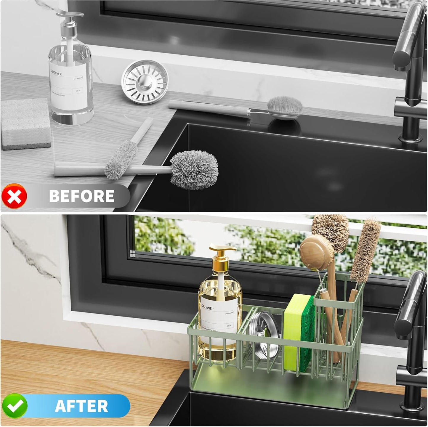 Cisily Kitchen Sink Caddy - Sponge Holder and Organizer with High Brush Holder, 304 Stainless Steel, Sage Green