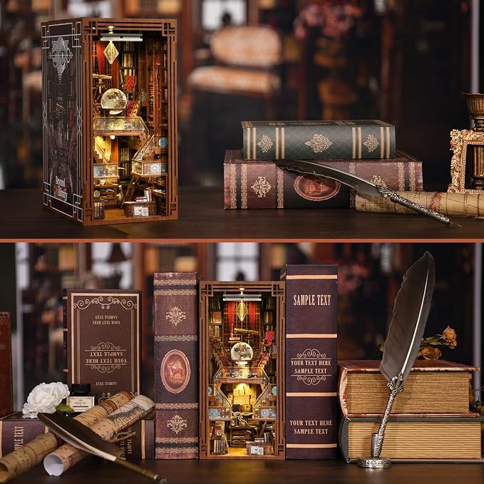 CCCDF DIY Book Nook Kit, DIY Miniature Dollhouse Booknook Kit, 3D Wooden Puzzle Bookend Bookshelf Insert Decor with LED Light for Teens and Adults (Beyond Library)