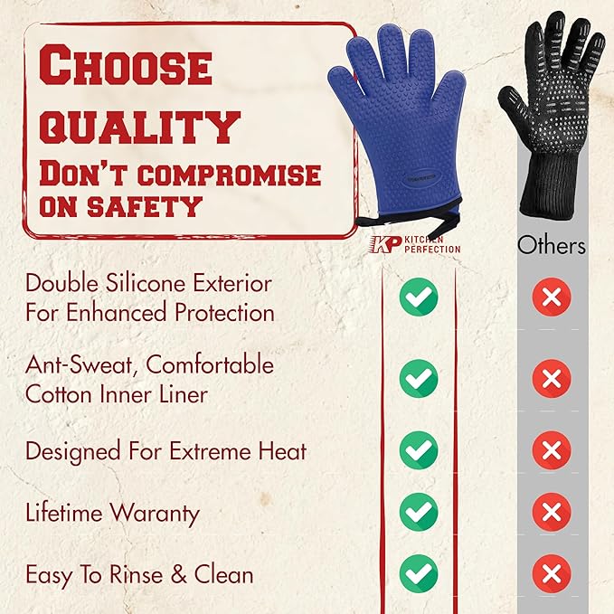 KITCHEN PERFECTION Silicone Oven & Griddle Gloves -Extreme Heat Resistant BBQ & Grilling Gloves -Handle Hot Food Right on Your Griddle |Waterproof Oven Mitts Grill Gloves |Superior Set+3 Bonuses