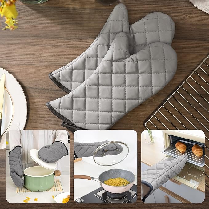 ARCLIBER Oven Mitts 2 Pairs of Quilted Terry Cloth Cotton Lining,Extra Long Professional Heat Resistant Kitchen Oven Gloves,16 Inch,Gray
