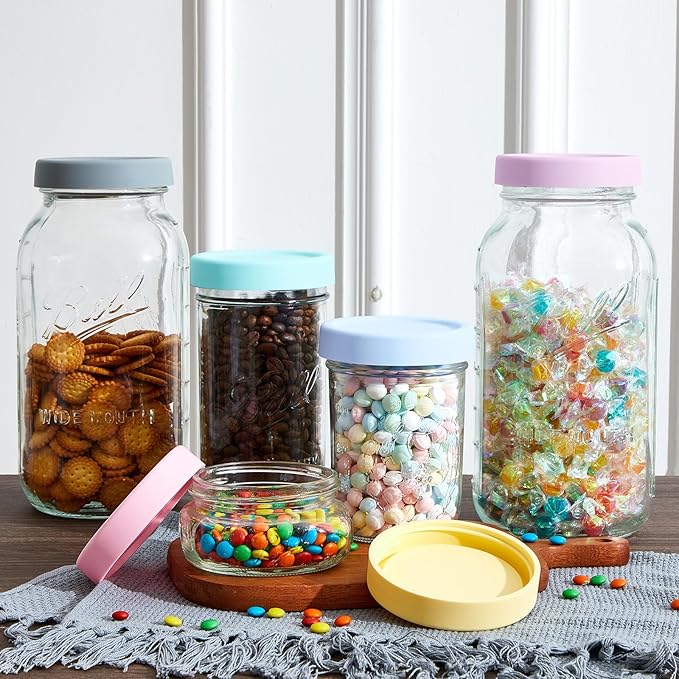 Teenyyou 6 Pcs Silicone Wide Mouth Lids Mason Jar Lids Thickened Leak Proof Lid for 86 mm All Wide Mouth Mason Jars, Reusable Large Canning Jar Caps(Macaron)