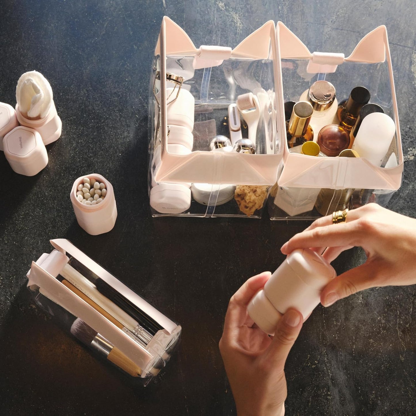 Cadence Travel Containers - Core Skincare Set - Magnetic Containers with Lids,2 Small (0.56oz) & 3 Medium (1.32oz) - Cleanser, Moisturizer, Serum, Makeup Remover & Sun Icon Labels - Evergreen
