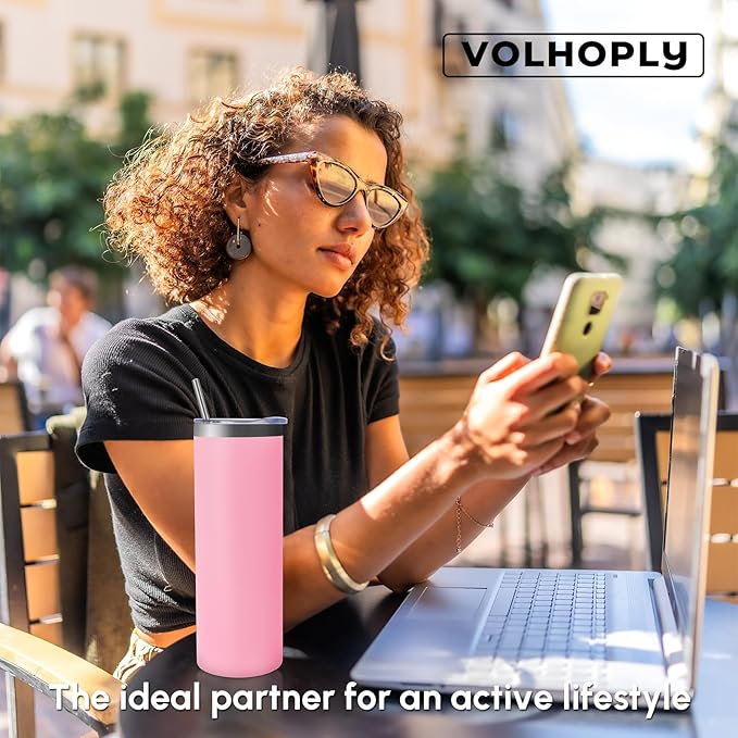 Volhoply 8 Pack Skinny Tumblers with Lid and Straw, 20oz Stainless Steel Straight Tumbler Bulk, Vacuum Insulated Coffee Mug for Home, Office, Travel, DIY (Pink,8 Pack)