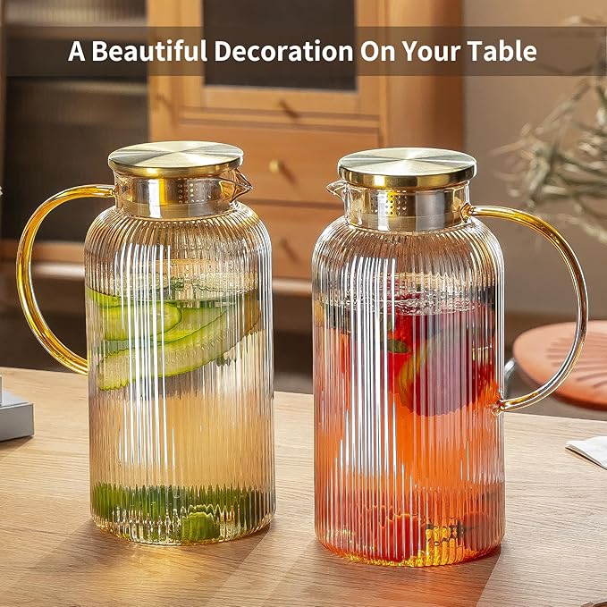 Buaic Glass Pitcher with Lid, 2 PACK 84 oz/ 2.5 Liter Amber Classic Vertical Stripes Water Pitcher,Glass Water Carafe for Cold Brew, Coffee, Lemonade, Iced Sun Tea,Beverage, Milk, Heat Resistant
