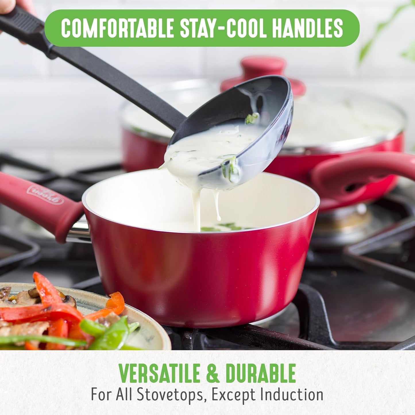 GreenLife 16 Piece Nonstick Cookware Set, Soft Grip Non-Toxic PFAS-Free Ceramic Pots & Pans, Dishwasher & Oven Safe, Frying, Sauce, Saute, Utensils, Glass Lids, Stay-Cool Handles, Wobble Free, Red