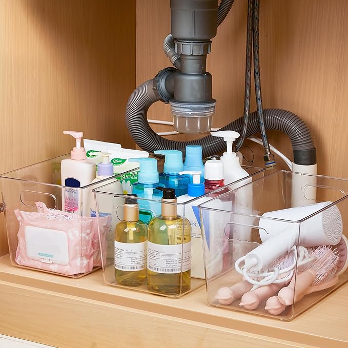 YIHONG 10 Pack Clear Pantry Organizer Bins, Plastic Containers with Handle for Kitchen,Freezer,Cabinet,Closet,Bathroom Under Sink Storage