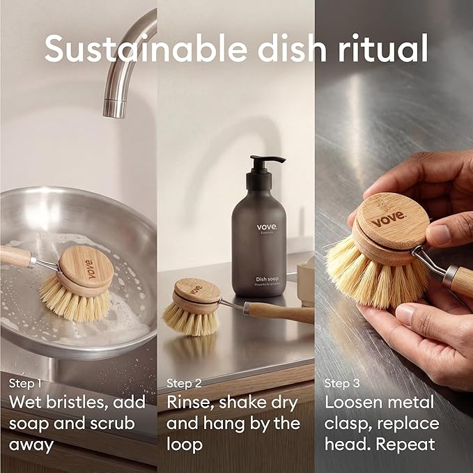 Vove Bamboo Dish Brush, FSC-Certified - Includes 3 Replacement Heads - Natural Fiber Bristles - Non-Toxic, Plastic-Free - Scrub Brush for Pots, Pans & Dishes