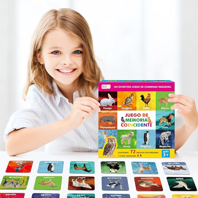 Hebayy 36 Pairs Animal Matching Game, 72PCS Spanish Flashcards 36 Designs Memory Cards Educational Learning Toys for Preschool 4 5 6 Years Old (Each Measures 2” X 2”)