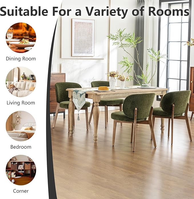 YOUNIKE Olive Green Dining Chairs Set of 6 Mid Century Modern Kitchen Chair with Back Boucle Fabric Upholstered Armless Accent Chair 20" Wide Padded Seat with Wooden Legs for Living Room Bedroom
