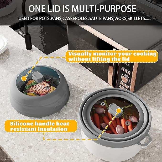 Microwave Splatter Cover, Vented Silicone and Glass Cover Splatter Guard Lid, Food Collapsible Plate Cover Lid with Easy Grip Handle. (Gray, 10.8 inch)