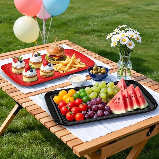 Serving Trays for Party - Set of 6, Large Serving Platters for Raw and Cooked Food, Dishwasher Safe, 17×10.5-inch Stackable Plastic Party Supplies for Grilling, BBQ, Meal Prep (Red, Black)