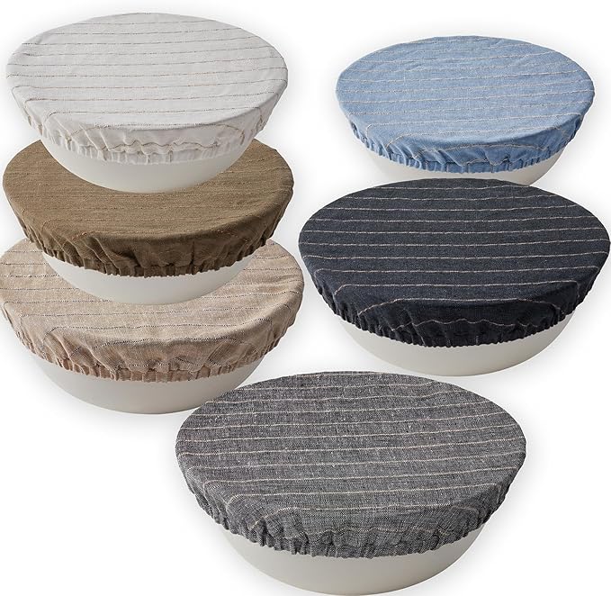 100% Pure Linen Bowl Covers For Bread Proofing, 4 Pcs Elastic Reusable Bowl Covers Large Ticking Striped Cloth Fabric Stretch Sourdough Lids, 6 * 8 * 10 * 12 Inches- Linen