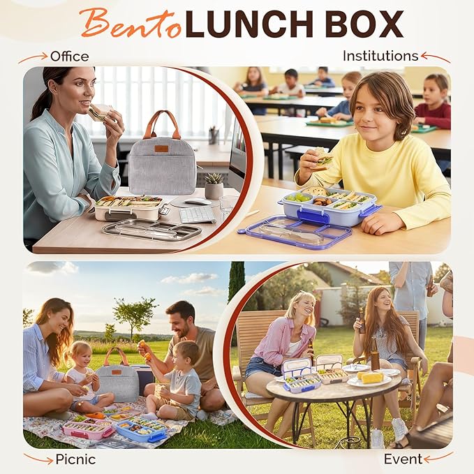 Bento Lunch Box Set Bento Box, 4-Compartment Lunch Containers,High Capacity Lunch Tote Bags for Work, Travel, Outdoor (Grey)