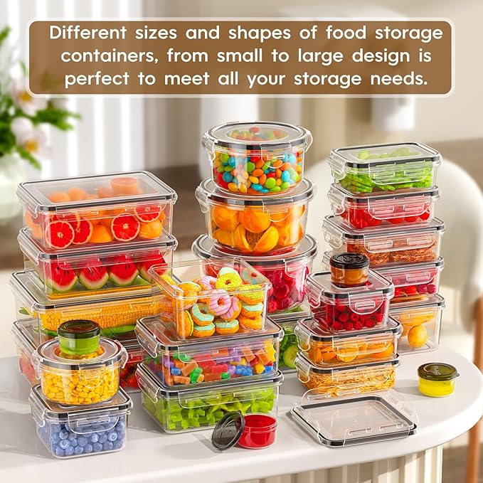 50 PCS Food Storage Containers with Lids Airtight (25 Containers & 25 Lids), 100% Leak Proof Meal Prep Container for Kitchen, BPA-Free Plastic(Polypropylene5), Microwave/Dishwasher Safe, Labels & Pen