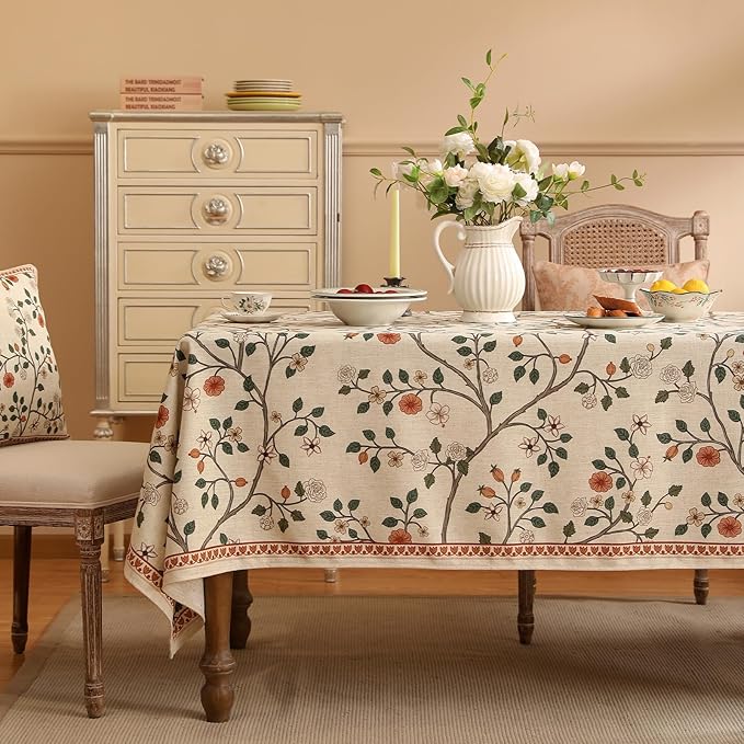 ISAENNE Designer Floral Square Tablecloth,French Linen Light Beige Indoor Table Cloth,Fall Wrinkle Resistant Home Decor Tablecloths for Dining Thanksgiving Kitchen Party,67"*67"-Flora A