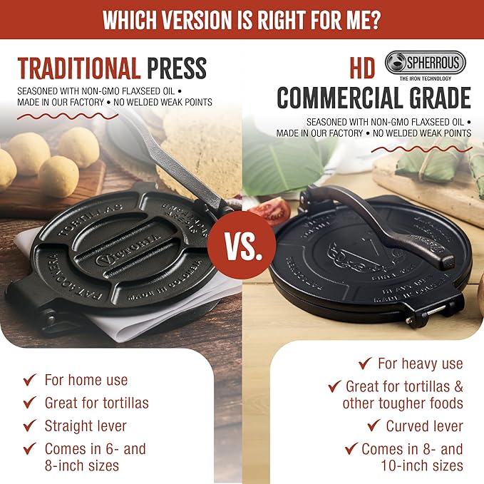 Victoria 10-Inch Cast Iron Tortilla Press HD Spherrous, Commercial-Grade Cast Iron Tortilla Maker, Roti Press, Pataconera Seasoned with Flaxseed Oil, Made in Colombia, Black