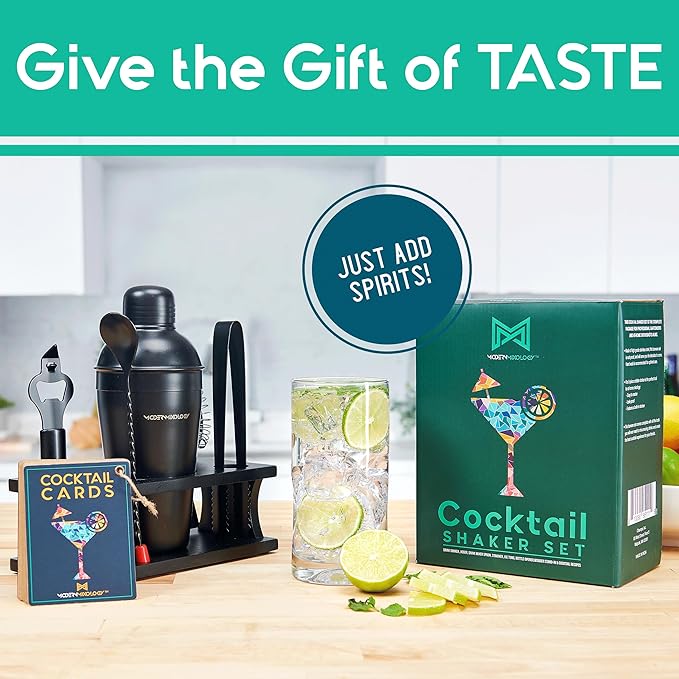 Modern Mixology Cocktail Shaker Set - Bartender Kit with Pine Stand | Leak-Proof Design | Includes Martini Shaker, Jigger, Strainer, Spoon, Tongs | Perfect Bar Tools Gift for Home Mixology (Gold)