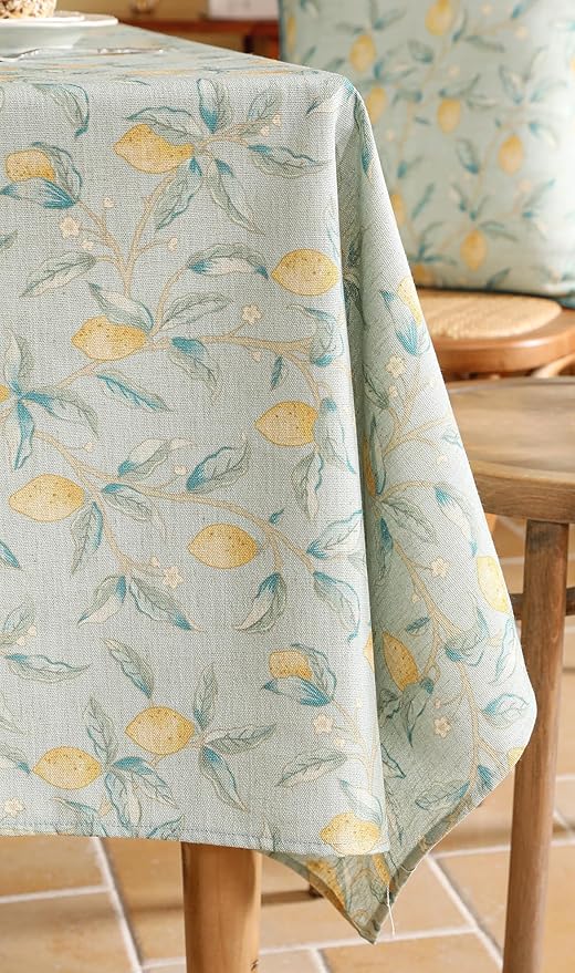 patdrea Designer Linen Long Green Tablecloth for Rectangle Table,Vintage Breathable Yellow Fruits Pattern Table Cloth,Decor Cover for Kitchen Dining,Christmas,Thanksgiving,Party,63"x94"-Ania a