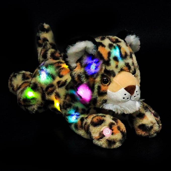 Hopearl LED Musical Stuffed Cheetah Light up Singing Plush Leopard Toy Adjustable Volume Lullaby Animated Soothe Birthday Festival for Kids Toddlers Boys, 14''