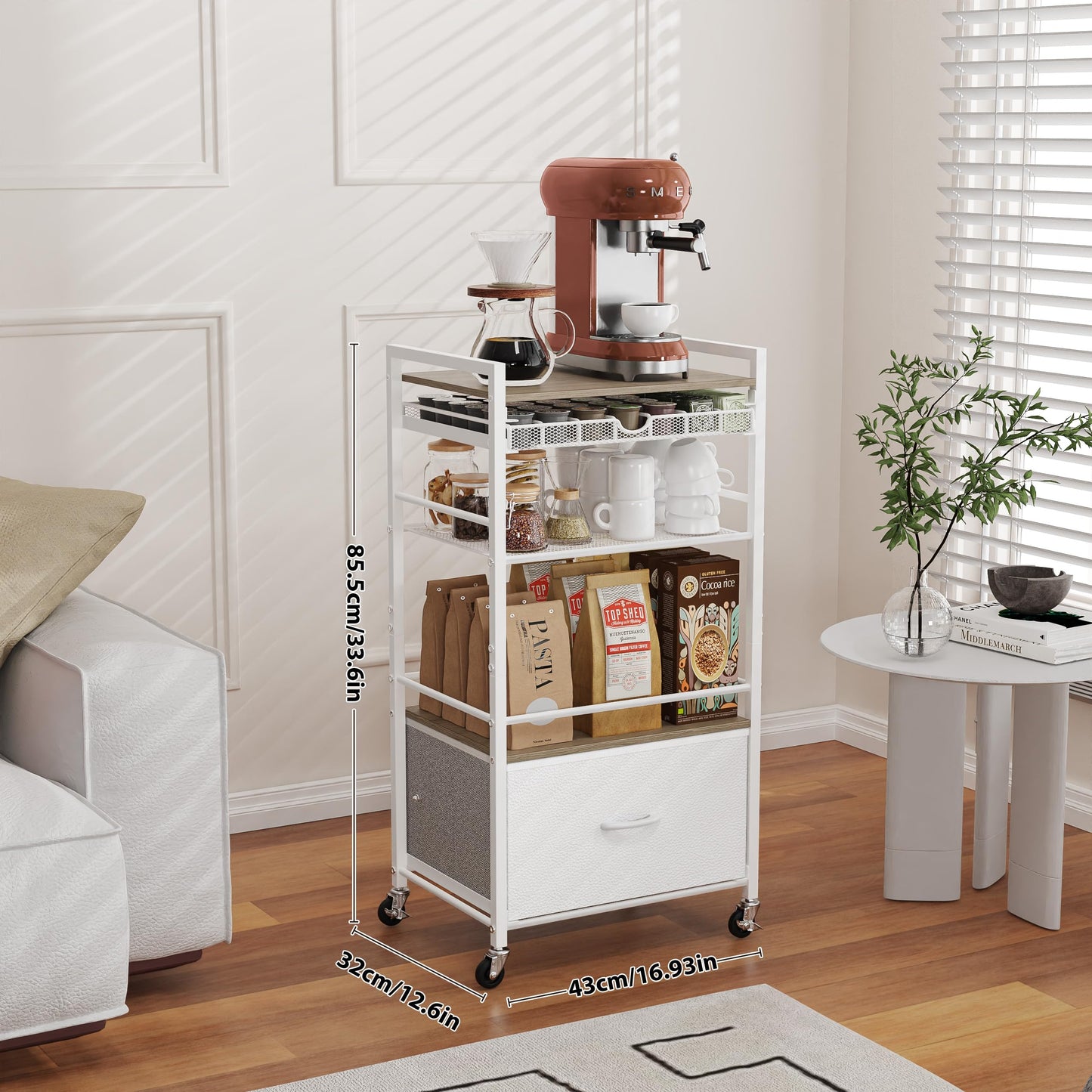 Coffee Bar Cabinet with Storage,5 Tier Coffee Station Table on Wheels, 33.6" H Cart with Drawer for Home Kitchen, Liquor Buffet Sideboard Cabinet (Modern White)