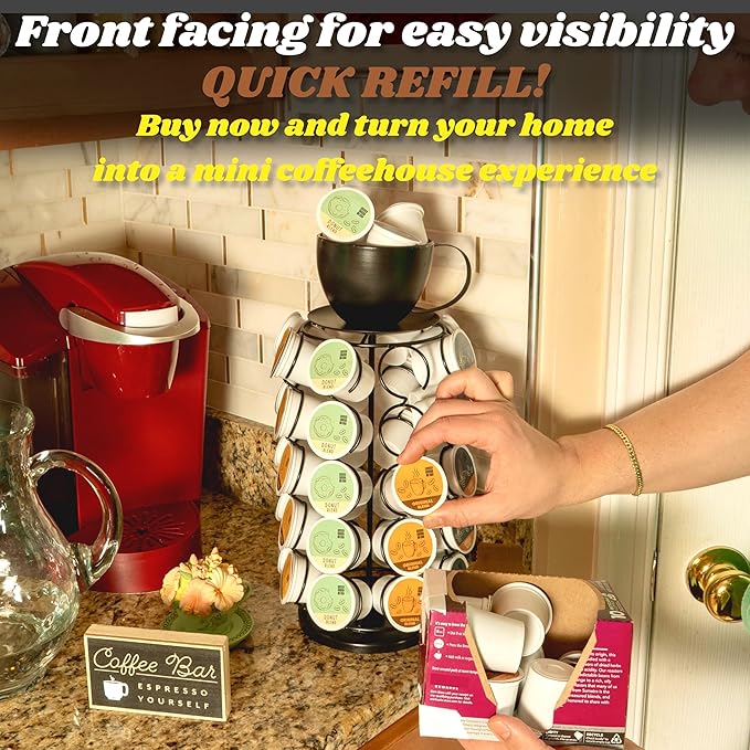Made Easy Kit Carousel Coffee Pod Holder - Compatible with Keurig K-Pods K-Cups - Countertop 360 Spin Rack Storage Organizer - Revolving Base - Capsule Café Station Bar (Mug Black, Large)