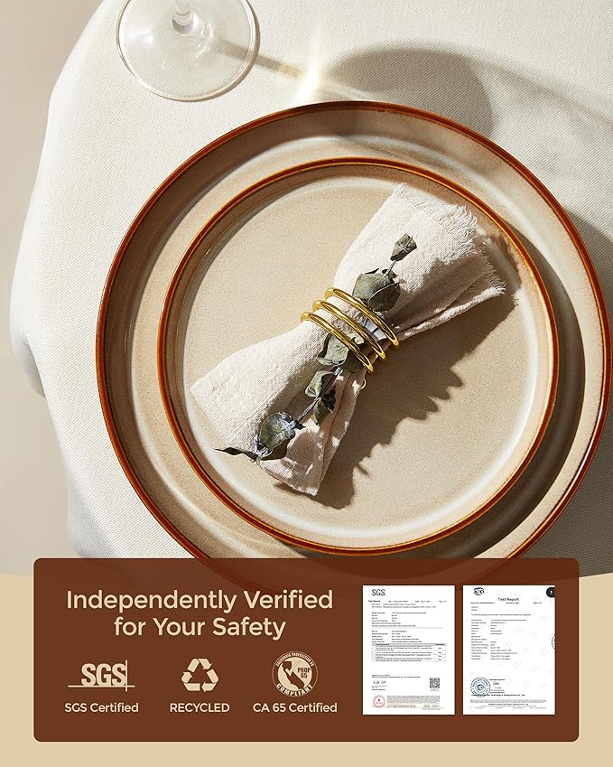 Pokini Dinnerware Set for 6, Ceramic Dish Sets, Plate and Bowl Set, Microwave & Dishwasher Safe Dishware Set, Chip & Scratch Resistant Dinner Set, Each Piece Unique, Amber Brown