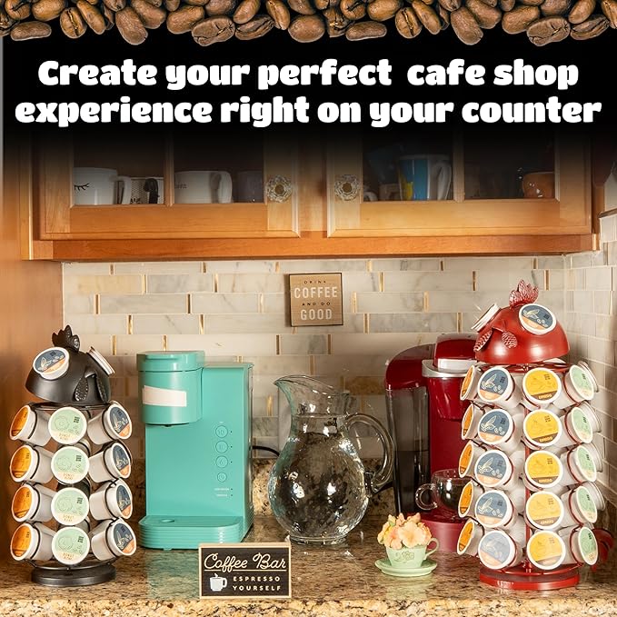 Made Easy Kit Carousel Coffee Pod Holder - Compatible with Keurig K-Pods K-Cups - Countertop 360 Spin Rack Storage Organizer - Revolving Base - Capsule Café Station Bar (Rooster Black, Large)