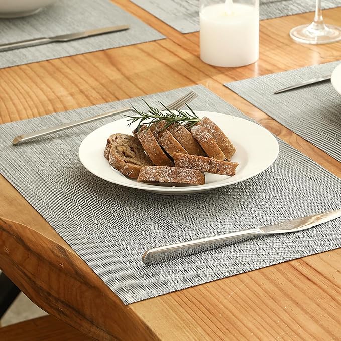 Leetaltree Grey Placemats, Heat Resistant Non-Slip Place mats for Dining Table, Washable Durable PVC Vinyl Woven Table Mats (Set of 20)