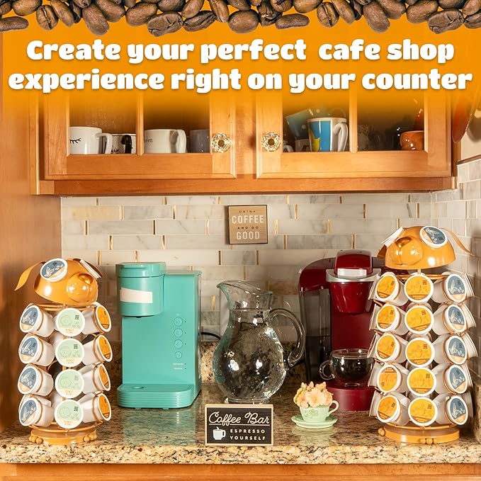 Made Easy Kit Carousel Coffee Pod Holder, Compatible with Keurig K-Pods K-Cups, Countertop Rack Storage Organizer, Metal Home and Kitchen Decor, Capsule Café Station Bar (Large, Brown Dog)
