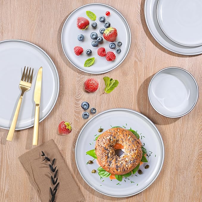 E-far Stoneware Dinnerware Sets for 6, 18 Pieces Reactive Glaze Plates and Bowls Sets, Elegant Dishes with Rustic Terracotta Clay Base, Dishwasher & Microwave Safe, Scratch Resistant, Glacier White