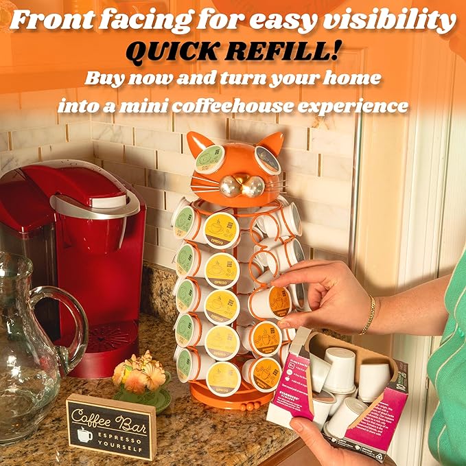Made Easy Kit Carousel Coffee Pod Holder - Compatible with Keurig K-Pods K-Cups - Countertop 360 Spin Rack Storage Organizer - Revolving Base - Capsule Café Station Bar (Cat Orange, Large)