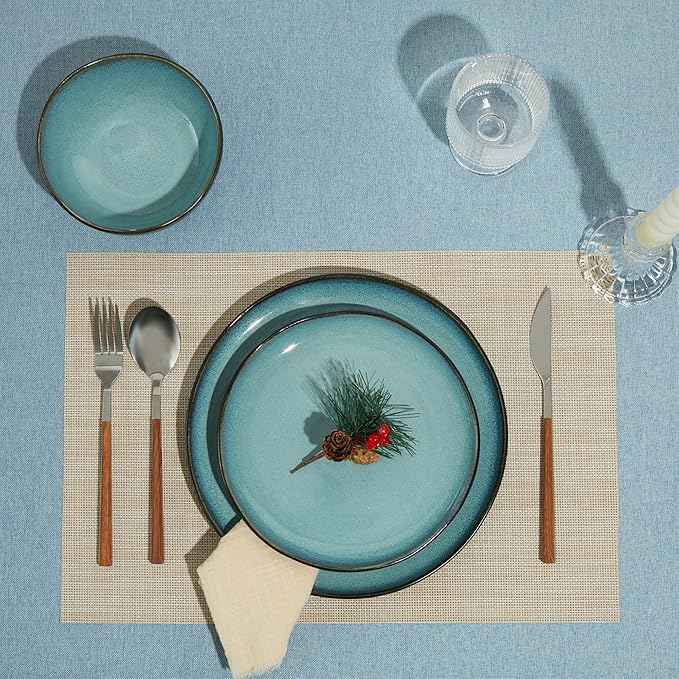 18 Piece Dinnerware Sets for 6, Green Black Reactive Glaze Stoneware | Irregular Artisan Style for Family Dinners, Weekend Gatherings | Scratch‑Resistant, Microwave & Dishwasher Safe