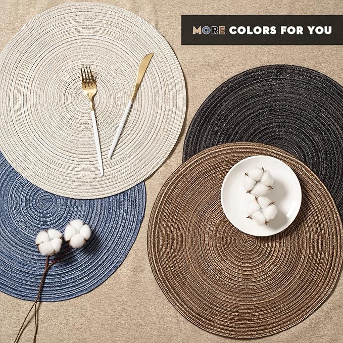 FunWheat Round Braided Placemats Set of 8 Place mats for Dining Tables Woven Heat Resistant Table Mats 15 inch for Fall (E Brown, 8pcs)