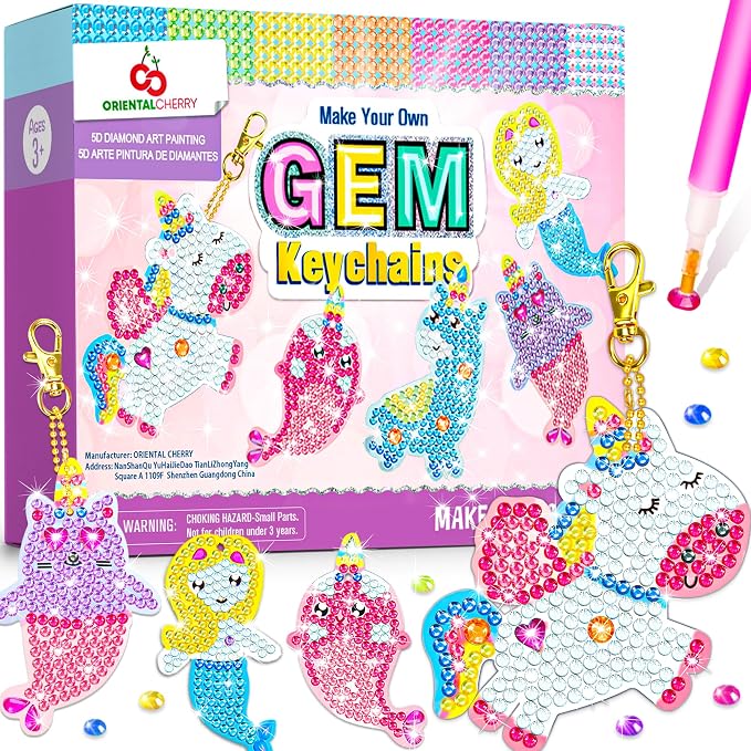 Arts and Crafts for Kids Ages 8-12 - Make Your Own GEM Keychains - 5D Diamond Art Painting by Numbers Kits Girls Kids Ages 3-5 4-6 6-8 Toys Birthday Easter Basket Stuffers Christmas Stocking Gifts
