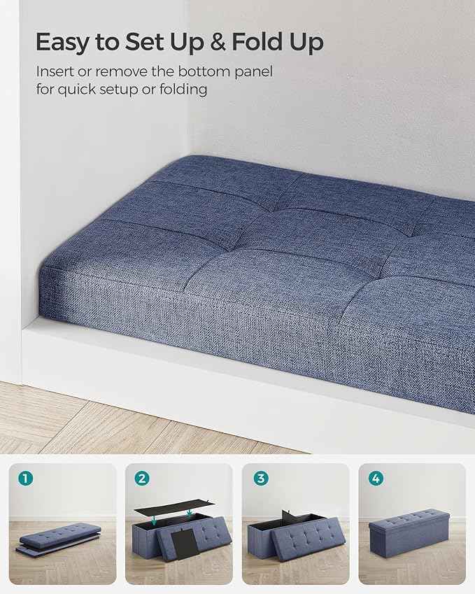 SONGMICS MAZIE Collection - 43 Inches Folding Storage Ottoman Bench, Ottoman Foot Rest, End of Bed Bench, Storage Chest, Load 660 lb, for Living Room, Bedroom, Entryway, Misty Blue ULSF077Q01